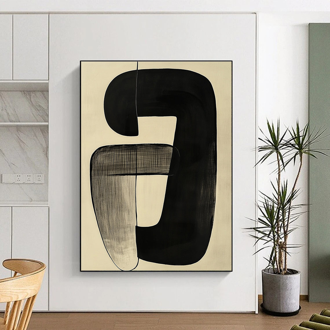 Black and Gray Curved Forms Abstract Painting with Subtle Textures GER012