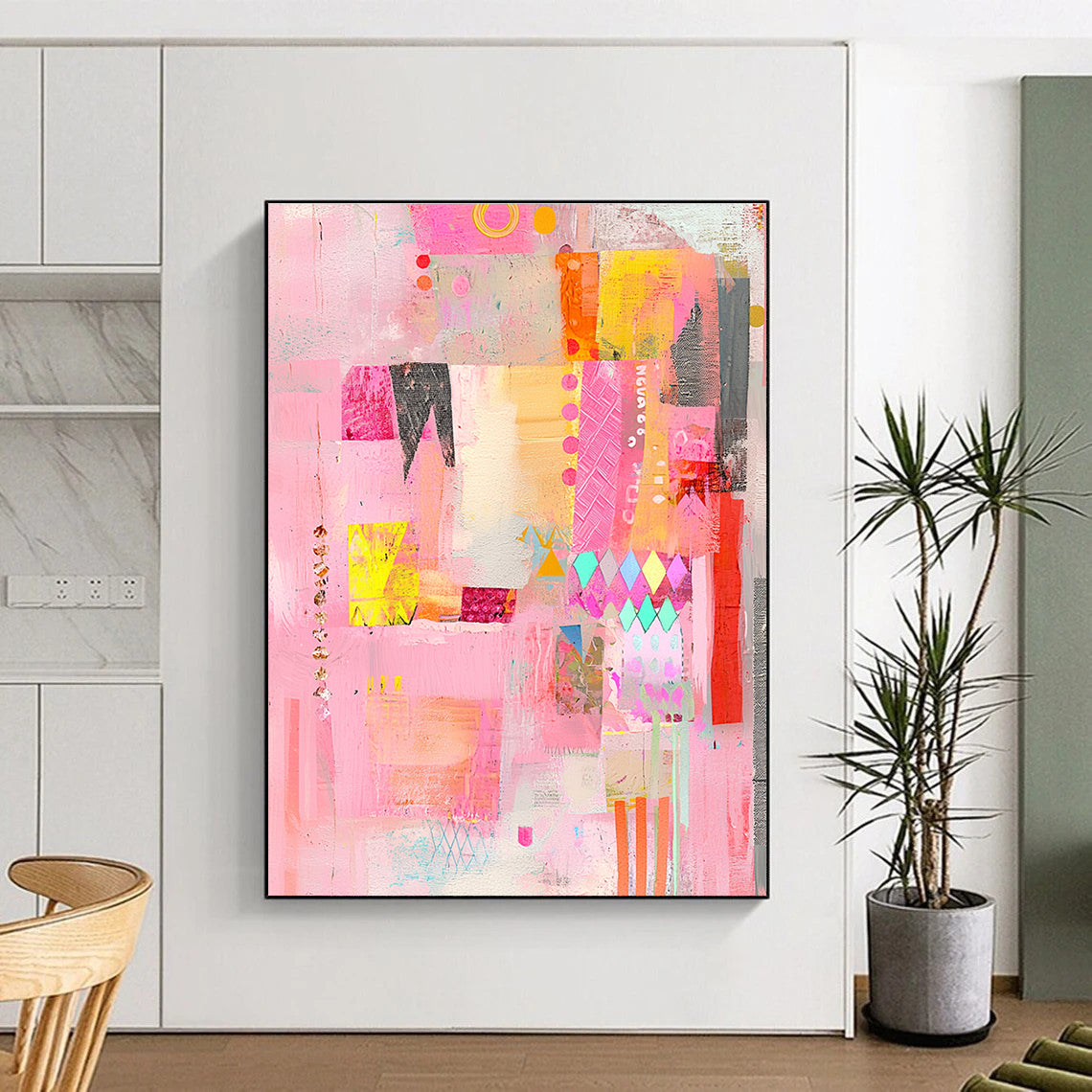 Pink and Colorful Mixed Media Abstract Collage Painting GER200