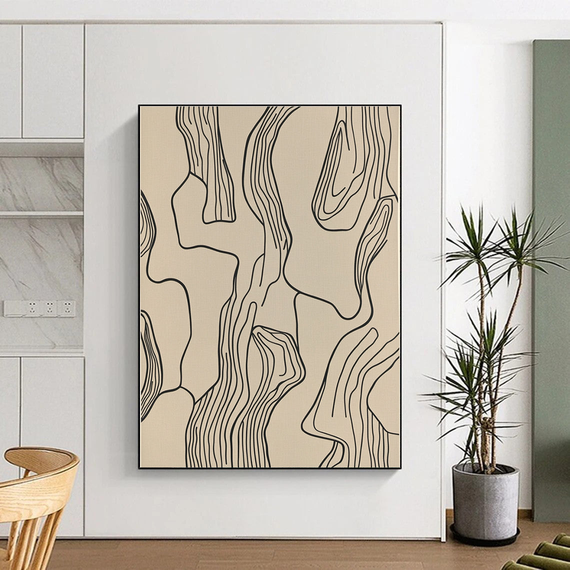 Line - Art Abstract with Black Lines on Beige GER268