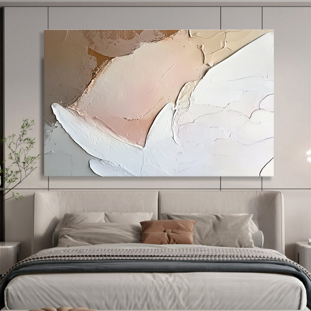 Large abstract painting of an angel featuring neutral colors and soft pink and white tones with heavy brush strokes on canvas.SC152