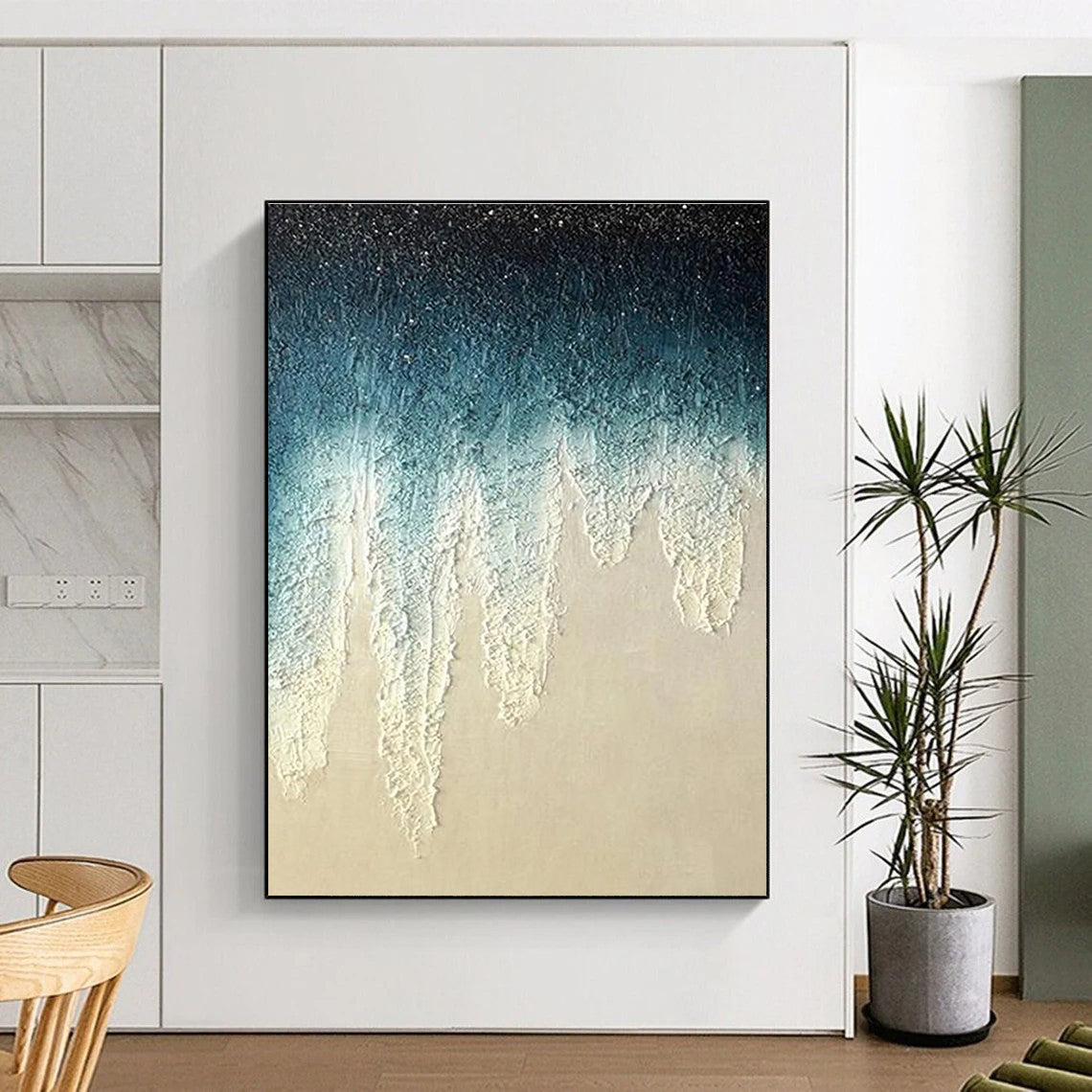 Blue and White Gradient Dripping Abstract Painting ADGE343