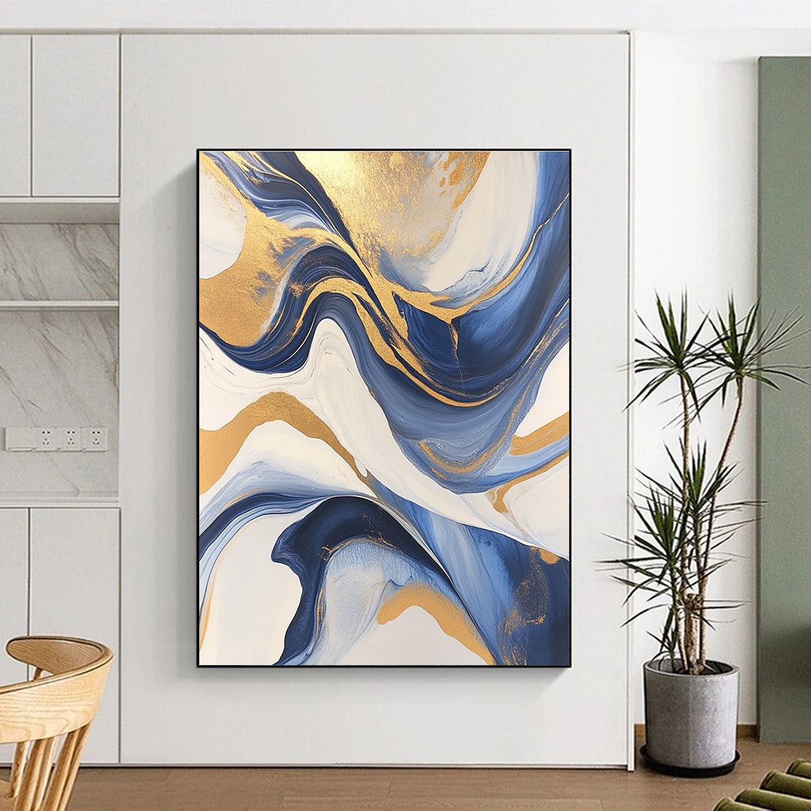 Large Abstract Painting with gold leafing flowing lines fluid acrylics blue black gray and white swirling patterns marbleized surfaces.STSC031