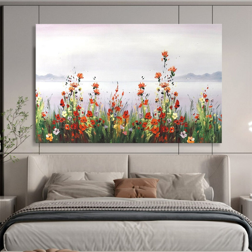 Wildflower Lake Abstract Painting with Red, Yellow, White, and Green Tones THY189