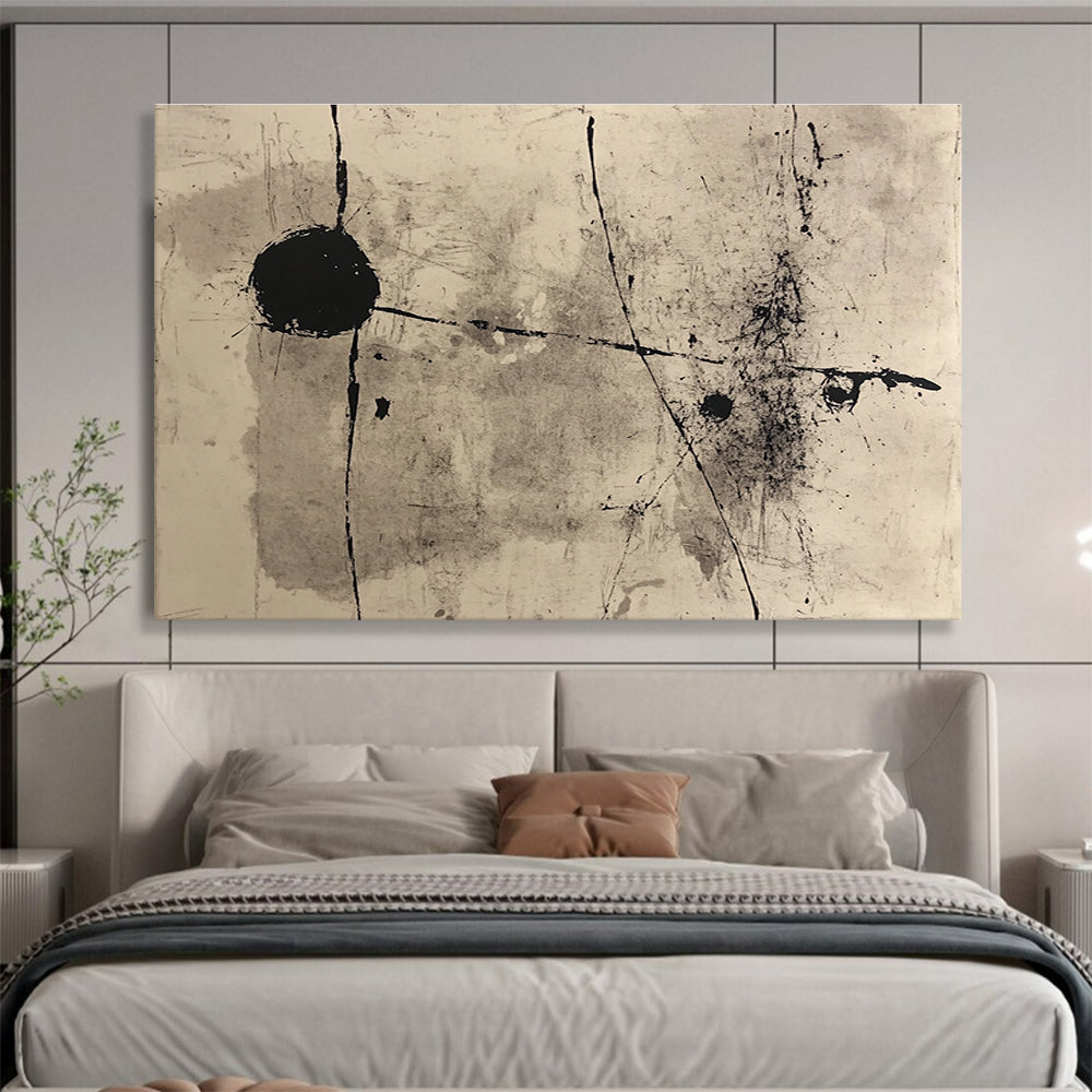 Large abstract painting with black ink, lines and shapes inspired by John Rolf Bauer, featuring neutral tones on paper.SC093