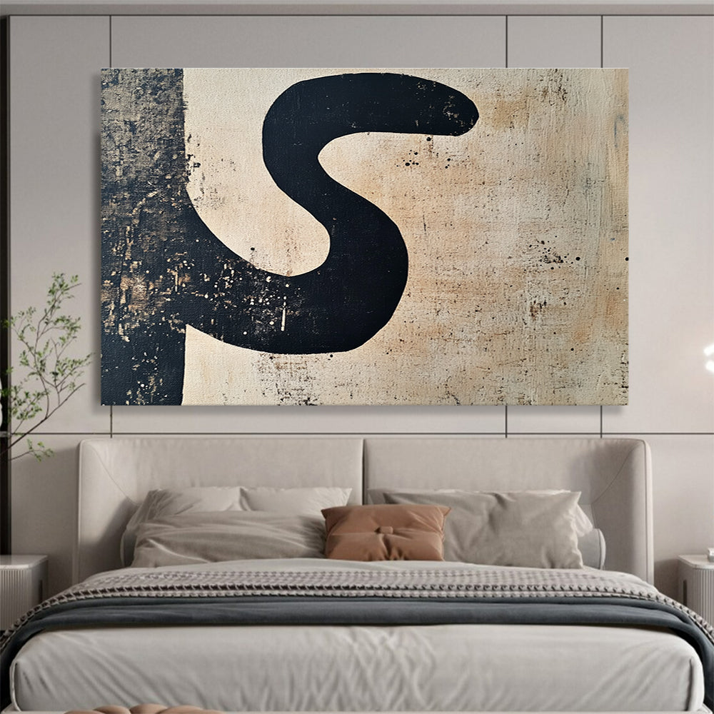 A large abstract painting featuring the letter S in black and beige, perfect for modern decor and minimalist aesthetics.SC501