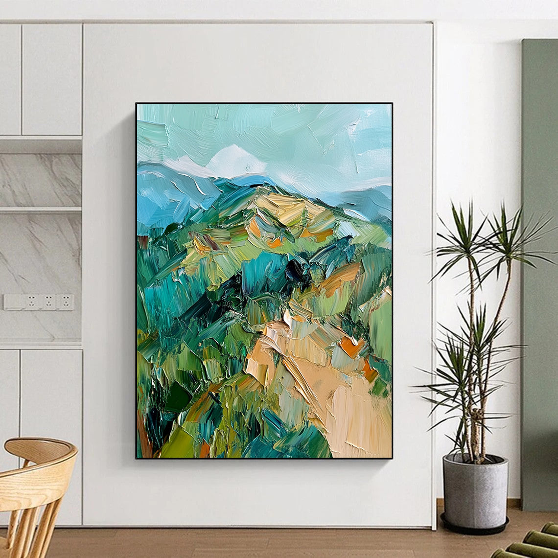 Large abstract oil painting featuring green and blue hills with thick impasto brush strokes for a vibrant artistic statement.STSC187