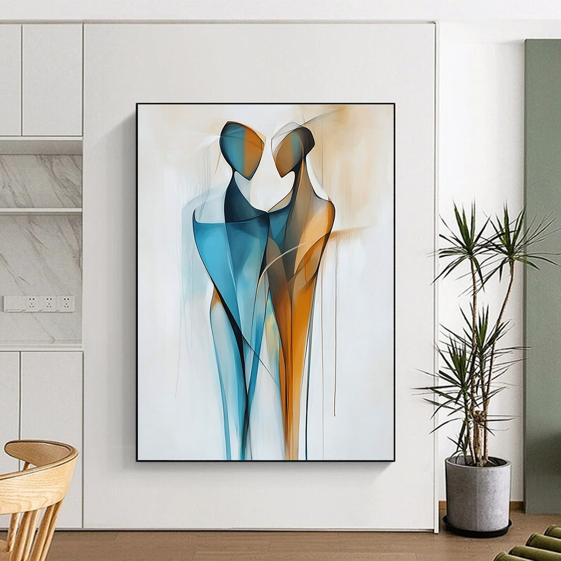 Large abstract painting featuring two figures in blue and amber with geometric lines and smooth curves on a shaped canvas and white background.STSC712