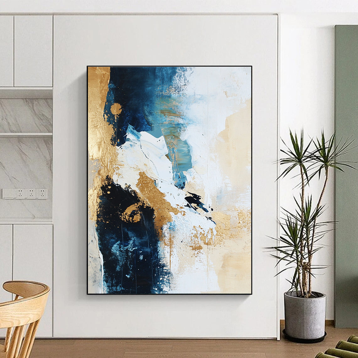 Blue Gold Abstract Painting with Dynamic Brushstrokes GER723