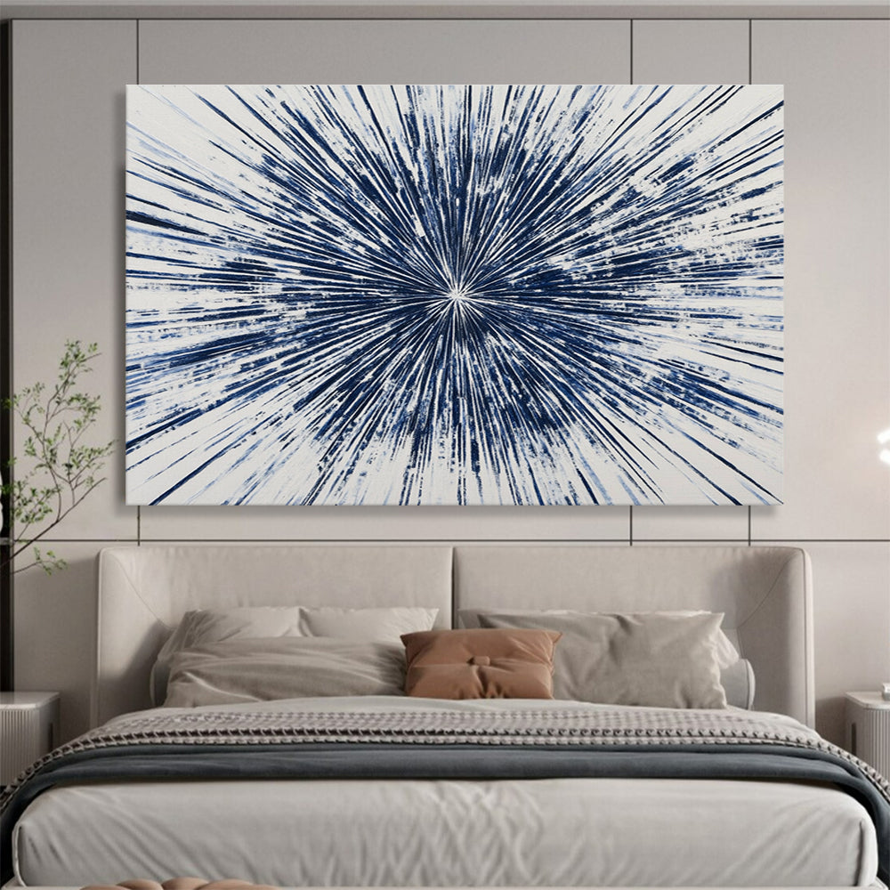 Large abstract painting featuring a blue starburst design with intricate radiating lines, creating a vibrant and energetic composition on a white background.SC430