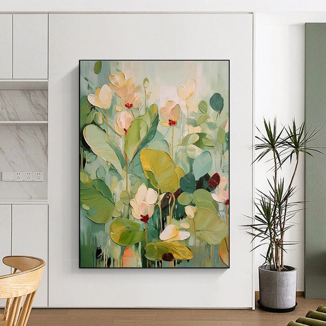 Pastel - toned Flower Abstract Painting with Green and Beige ADGE319