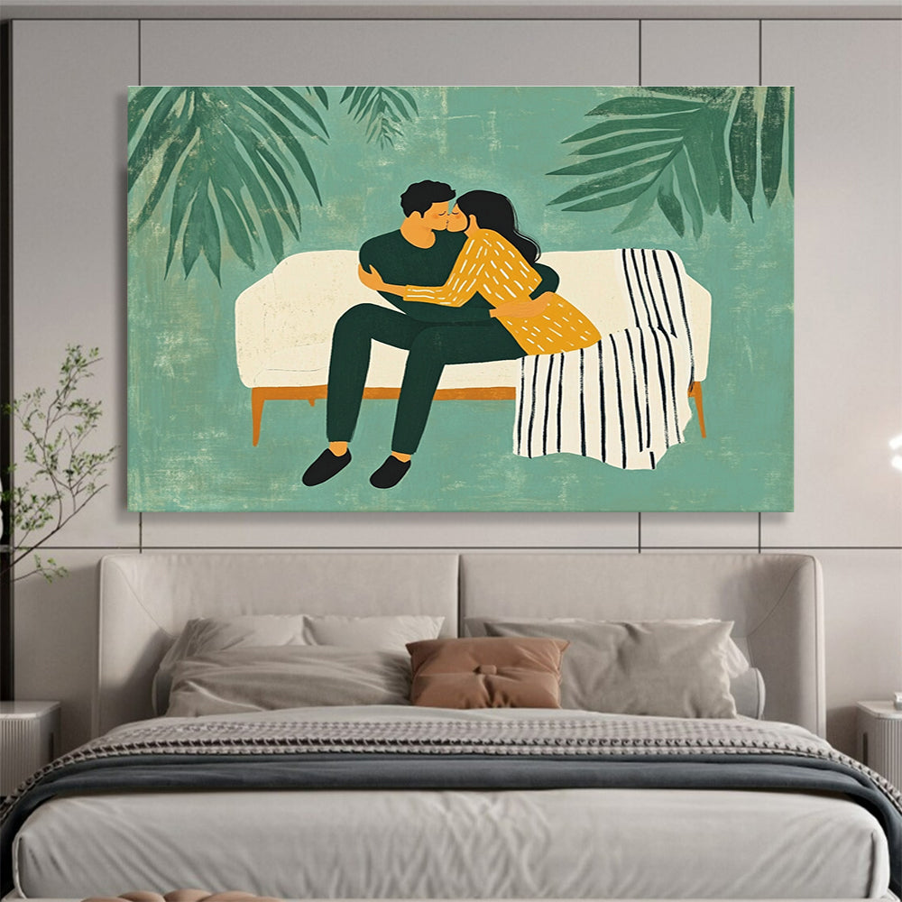 Romantic Couple Abstract Painting with Green and Yellow Tones DYP558
