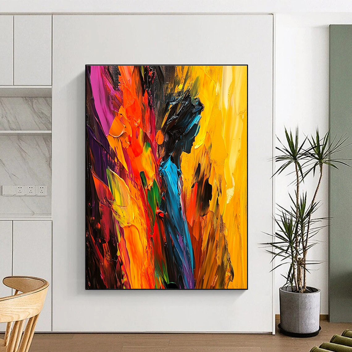 Large abstract painting with bold strokes vibrant colors and a dynamic central figure offering depth energy and passion.STSC938