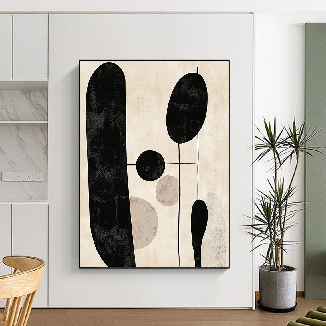 Large abstract artwork features minimalist black and white line art against a beige background with muted colors.STSC1330