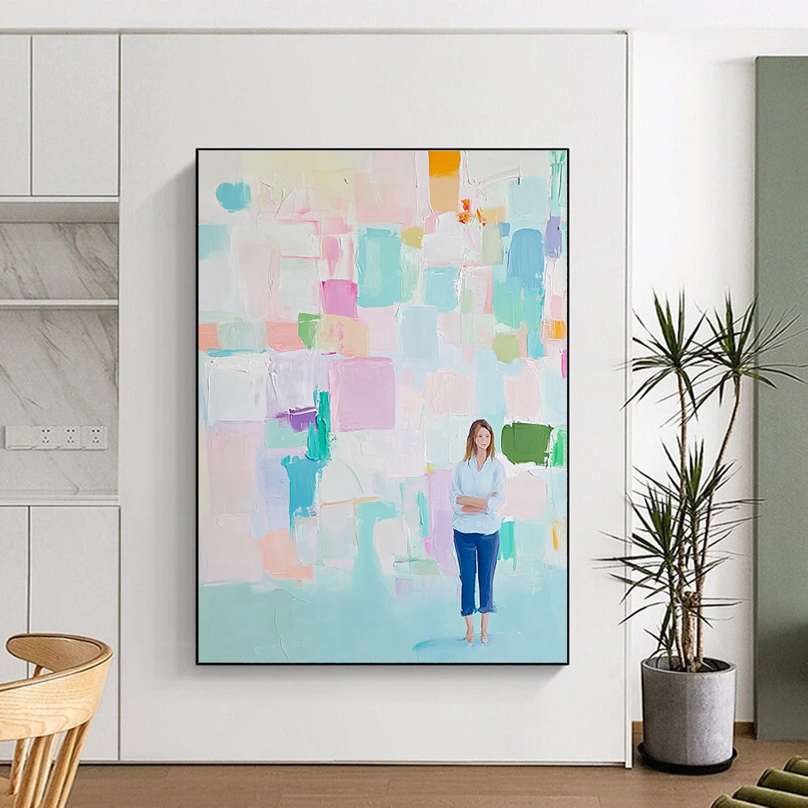 Large abstract painting featuring soft pastel colors and thick brush strokes in pink blue green and mint with an airy background.STSC447