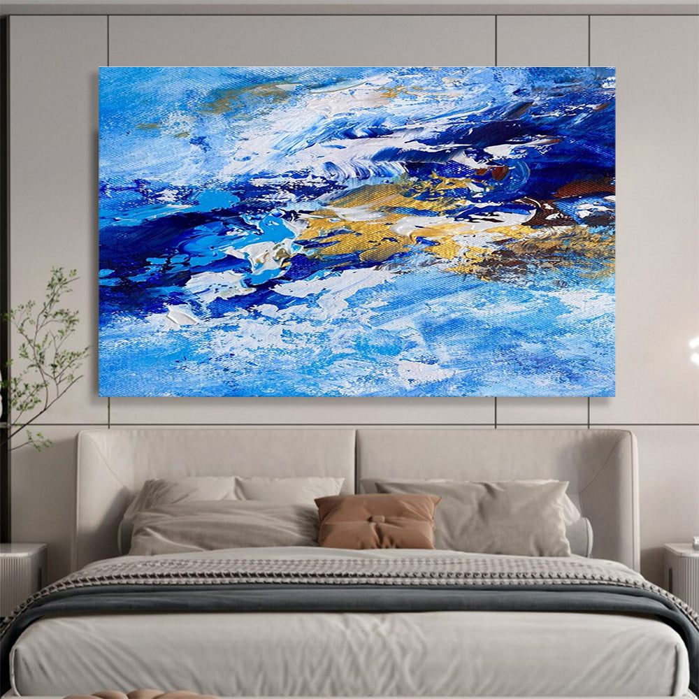 Blue Gold Abstract Painting with Ocean Wave Motifs THY345