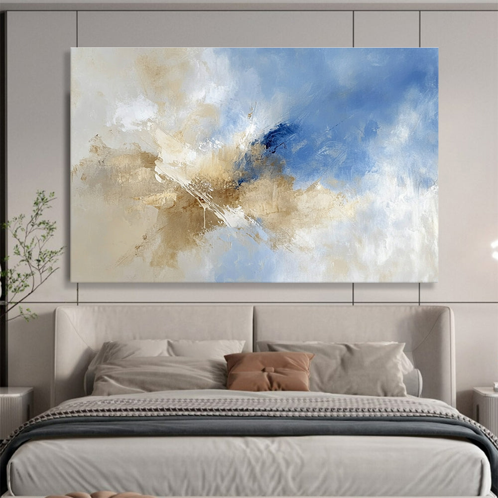 Large abstract painting featuring blue and beige hues with clouds in the sky, blending earthy tones of brown for a serene atmosphere.SC020
