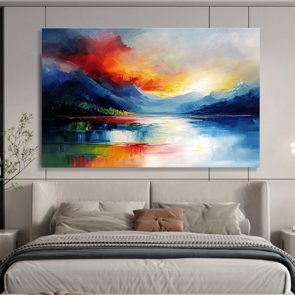 Dynamic Mountain Sunset Abstract Painting with Bright Reds Yellows and Blues DYP237