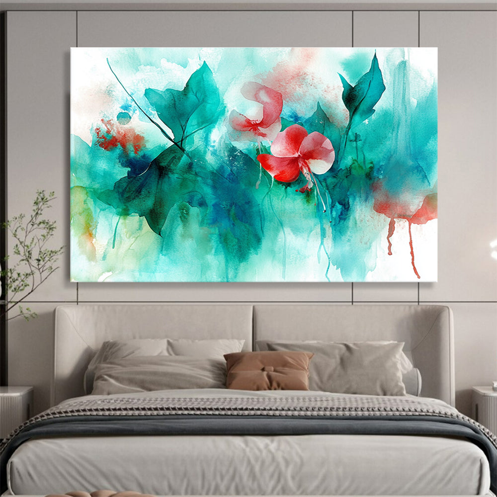 Large abstract watercolor painting featuring leaves flowers and jellyfish in teal aqua red green colors perfect for enhancing any spaceSC287