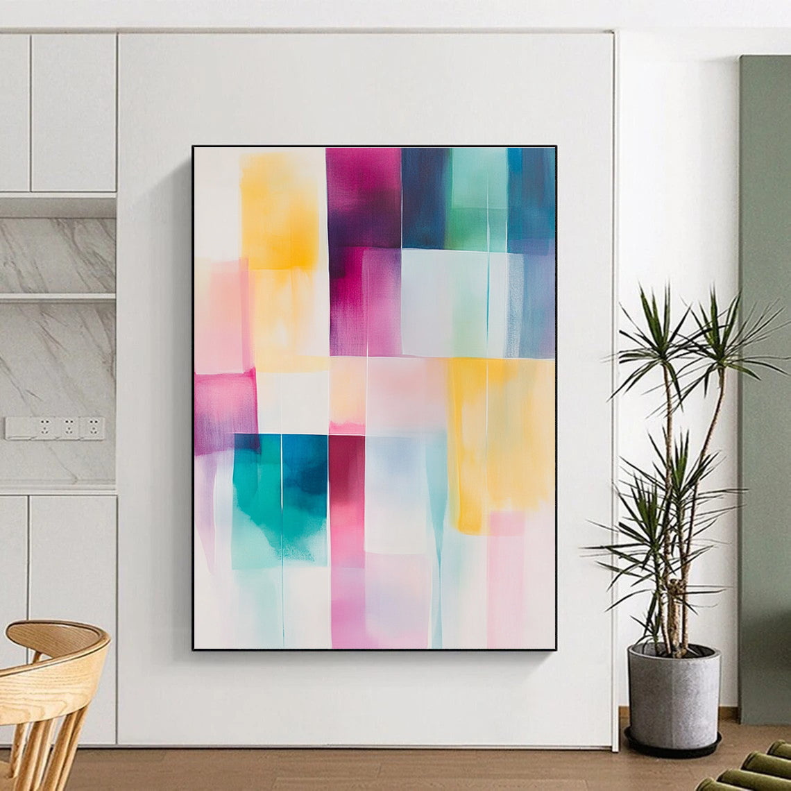 Large abstract painting in soft pastel colors featuring geometric blocks of pink yellow teal and white for a calming artistic touch.STSC804