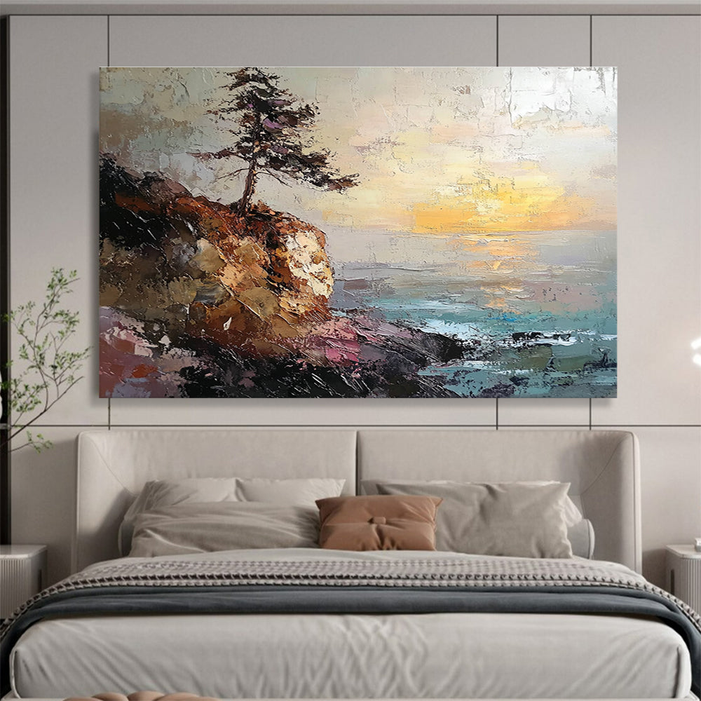 Abstract painting featuring a rocky coastline with a pine tree on a cliff under a sunset in textured oil paint.SC599