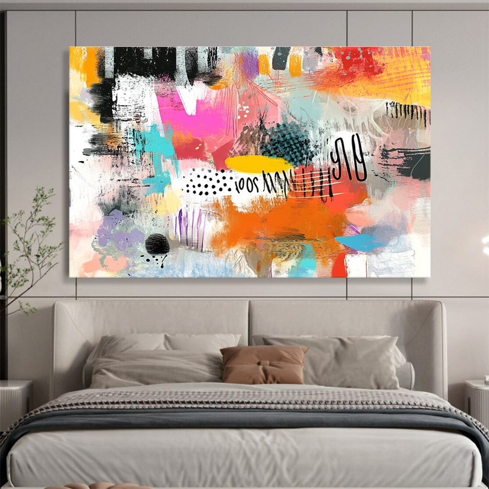A large abstract painting featuring vibrant colors bold strokes dynamic shapes playful elements and a lively essence reflecting contemporary youth culture.SC508