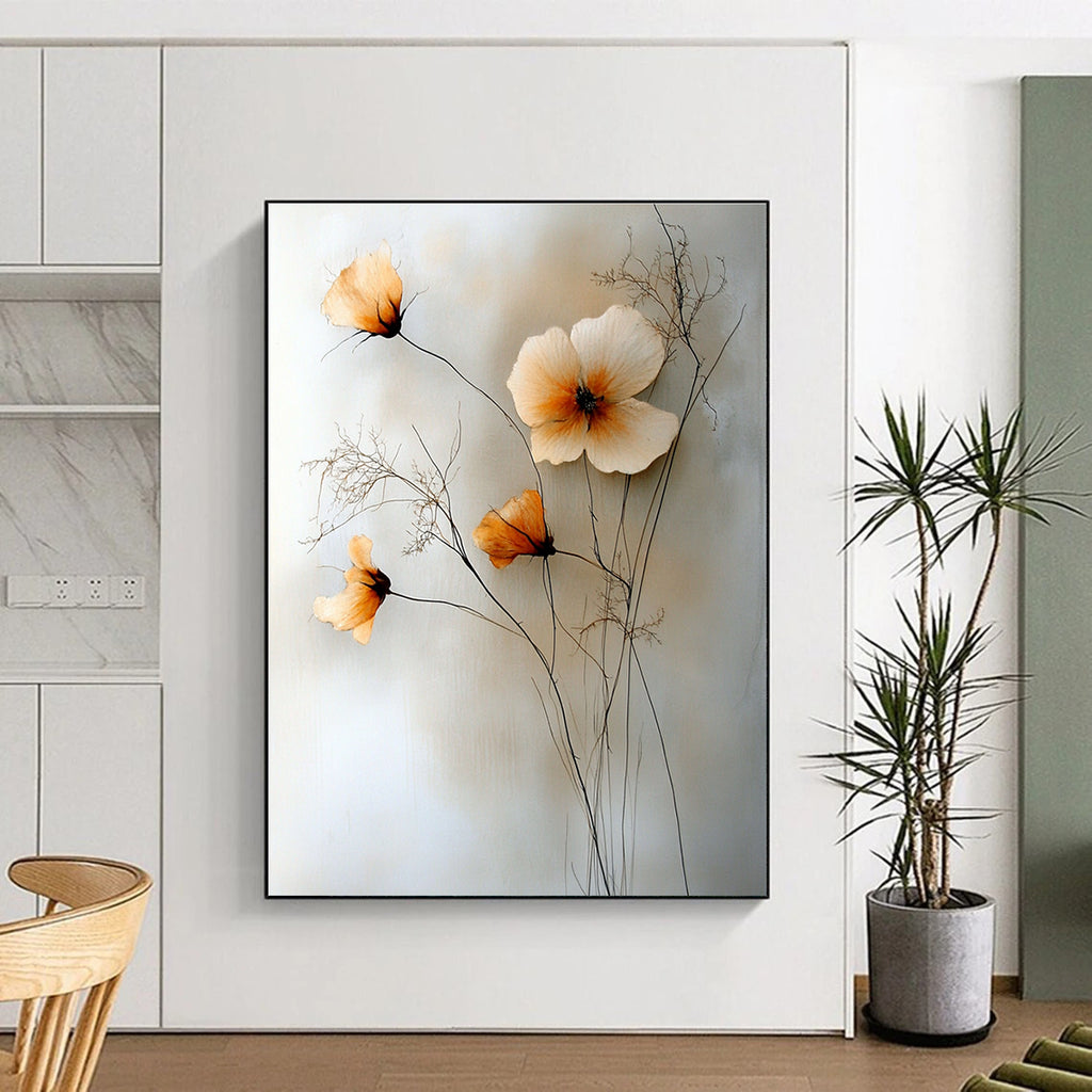 Large abstract painting featuring flowers, thin vines, and wildflowers in muted colors on a light background.STSC058