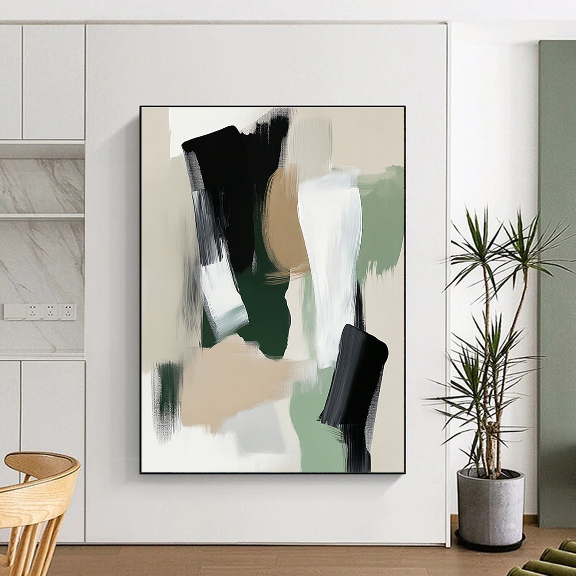 Large abstract painting featuring sage green white and black tones with soft edges and minimalistic brush strokes in a modern art style.STSC791