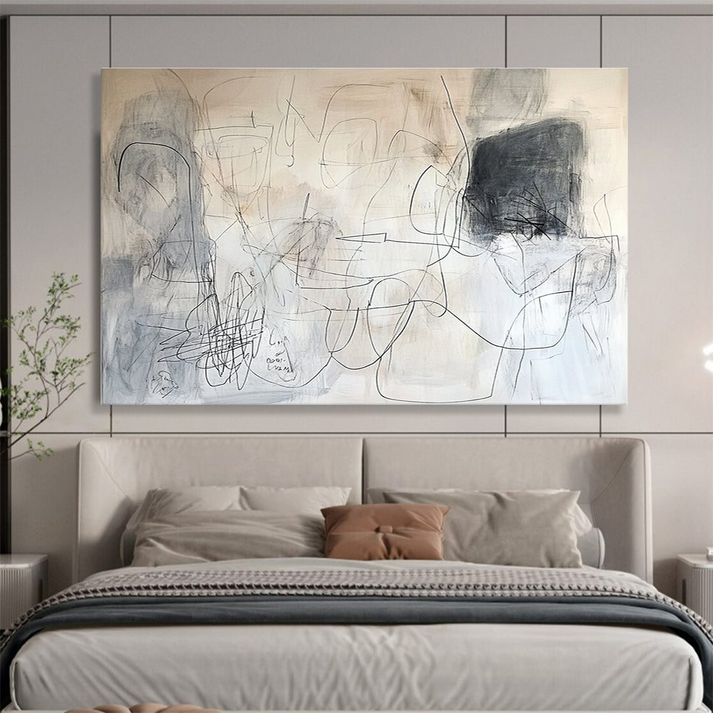 An abstract painting in white and gray tones, featuring dynamic lines and layered text, conveys a sense of movement and depth.SC390