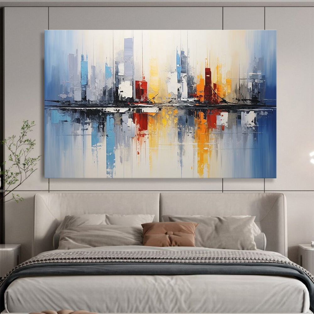 Cityscape Reflection Abstract Painting with Blue, Red, and Yellow Tones THY170