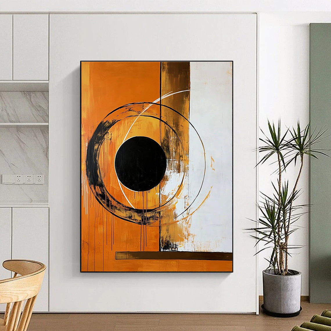 Large abstract painting featuring bold circular shapes and a black circle on an orange background with a brown border.STSC1354