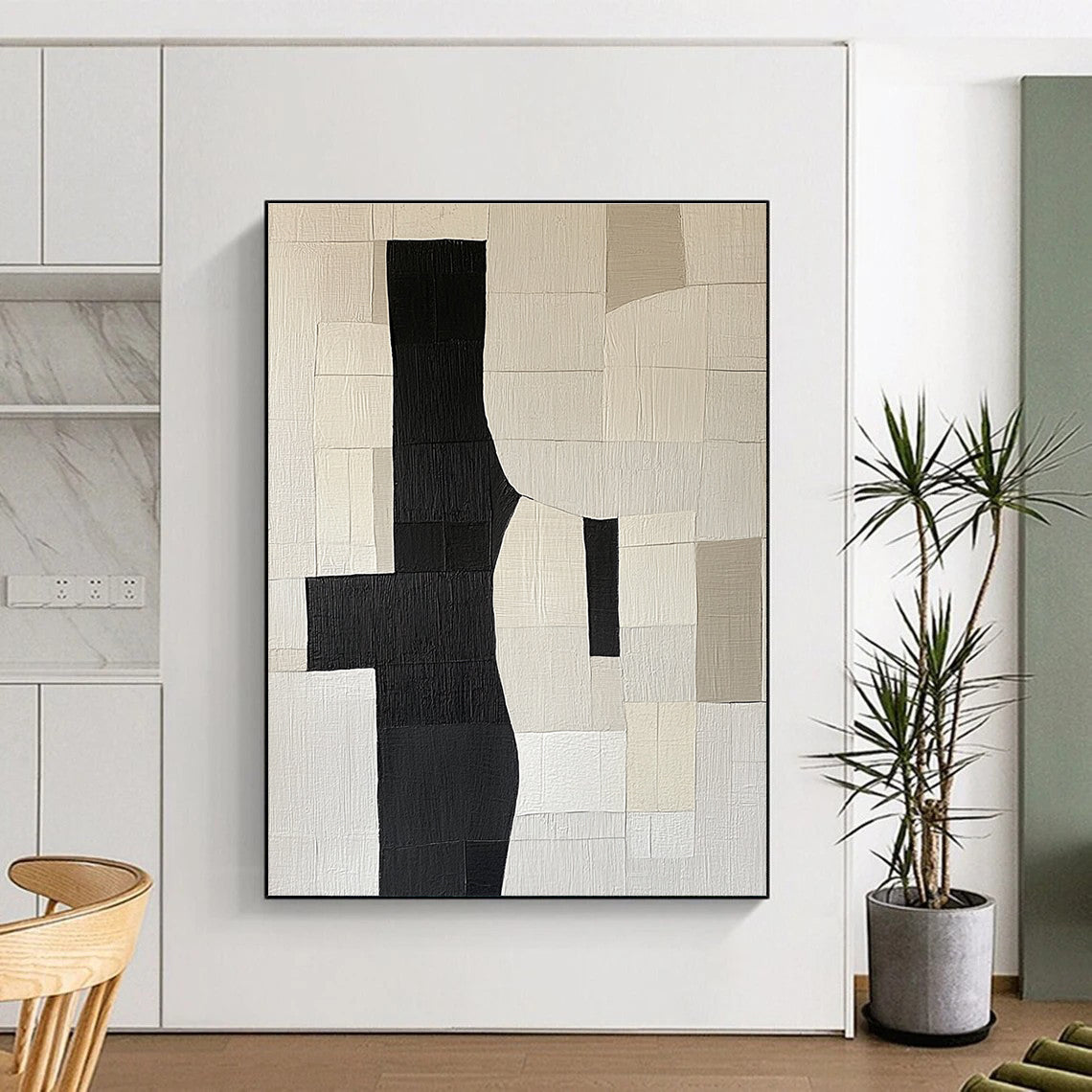 Large abstract painting featuring deconstructed doorway shapes in black grey and beige on a flat white background creating a minimalist collage effect.STSC392