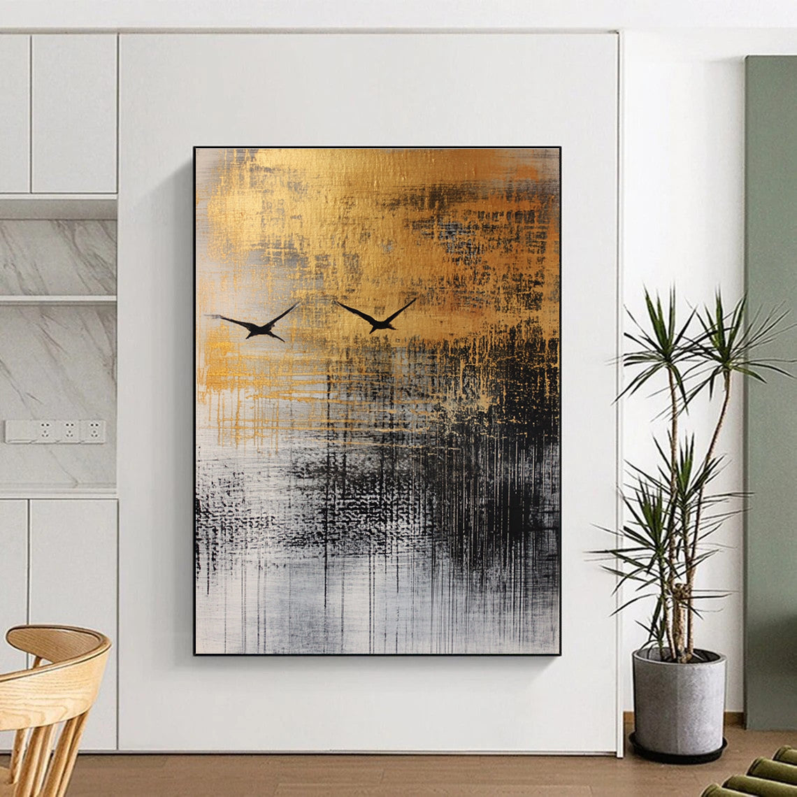 Large abstract painting featuring fluid ink wash techniques, textured materials, and a black bird in flight against a neutral autumnal background.STSC047