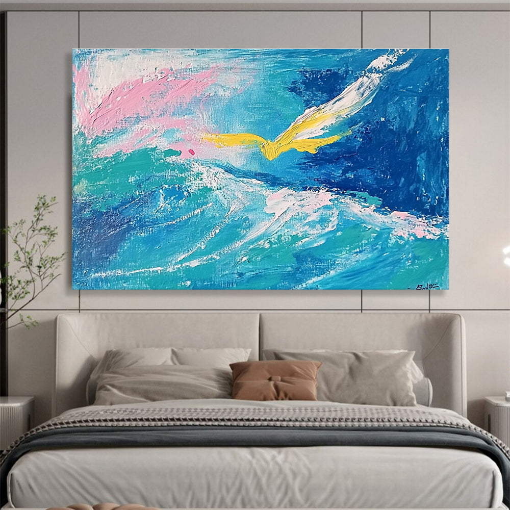 Large abstract painting featuring fluid turquoise and blue tones with pink highlights, a yellow bird, and a whimsical smile hidden within the waves.SC364