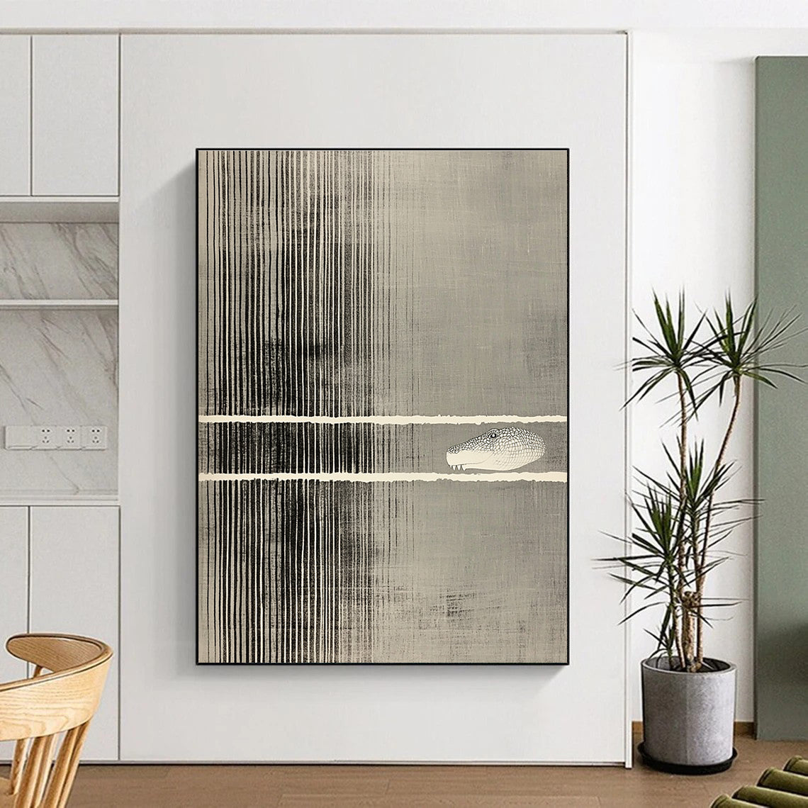 Abstract striped artwork featuring a cut-out section revealing a crocodile's head on a gray background with vertical lines.STSC1183