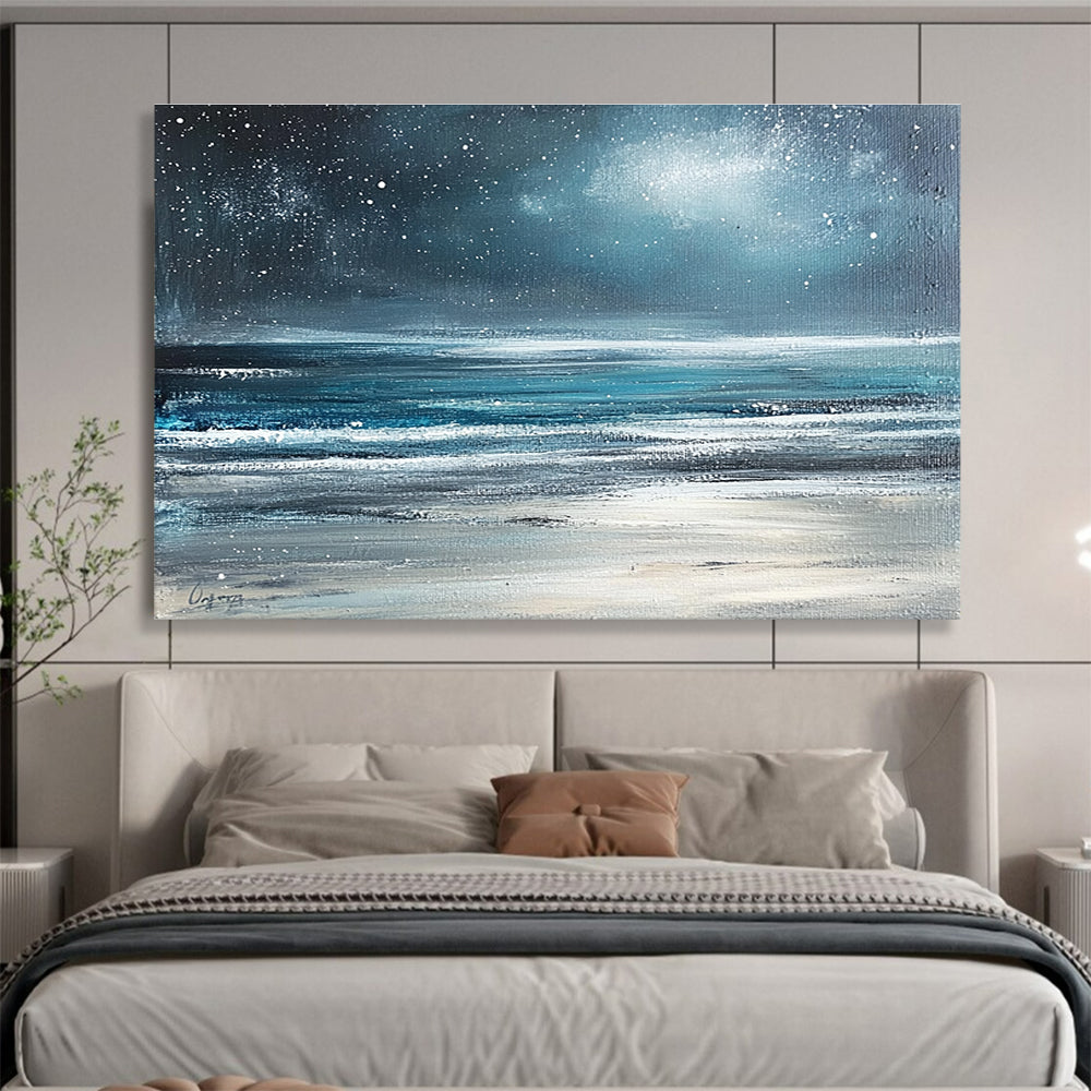 Starry Sea Beach Abstract Painting with Dark Blue and Silver Tones DYP570