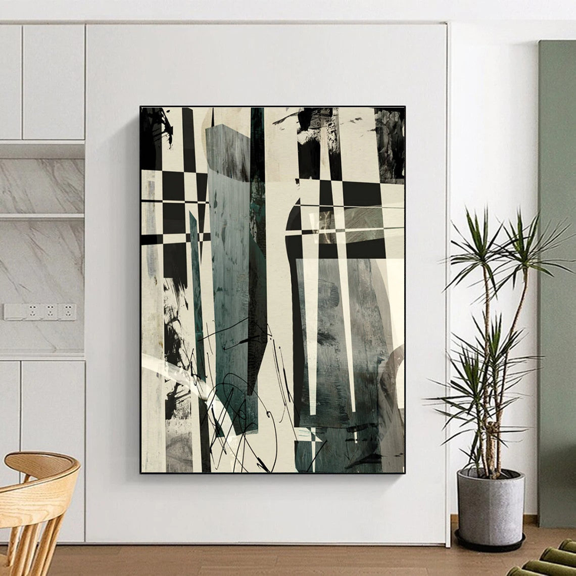 Checkered Abstract with Mixed Media and Dynamic Marks Painting ADGE218
