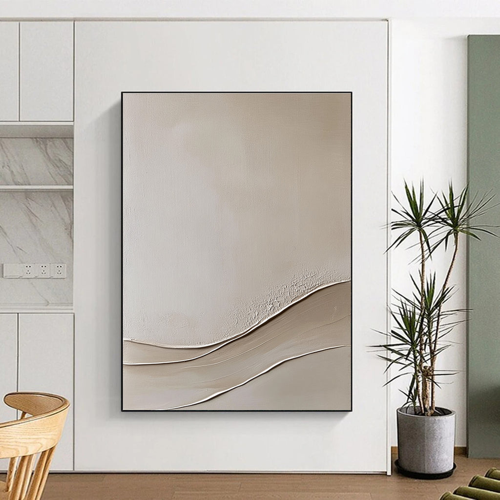 Abstract painting featuring a beige wall with smooth curved lines on a textured canvas in a neutral color palette and fine art style.STSC867