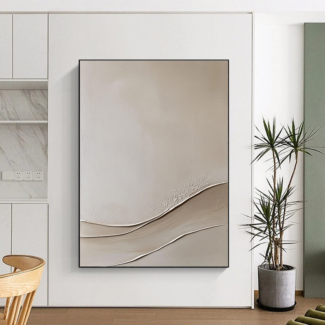 Abstract painting featuring a beige wall with smooth curved lines on a textured canvas in a neutral color palette and fine art style.STSC867