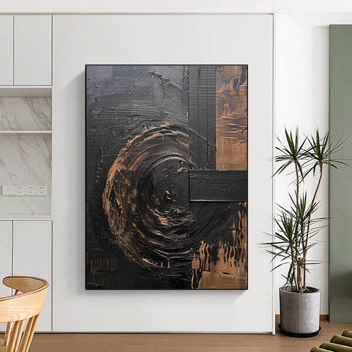 Black - Gold Abstract Painting with Swirling Textures ADGE476