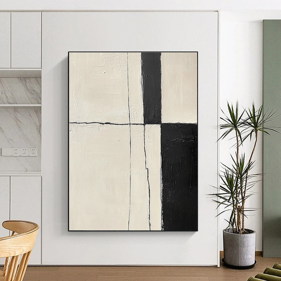 Black and White Geometric Abstract Painting with Cracked Edges GER178