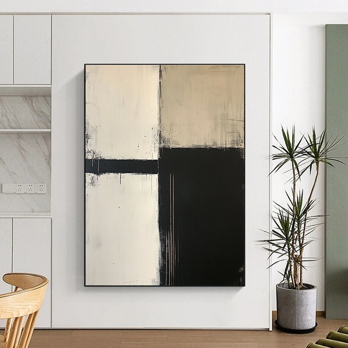 Black and White Minimalist Abstract Painting with Geometric Forms GER650
