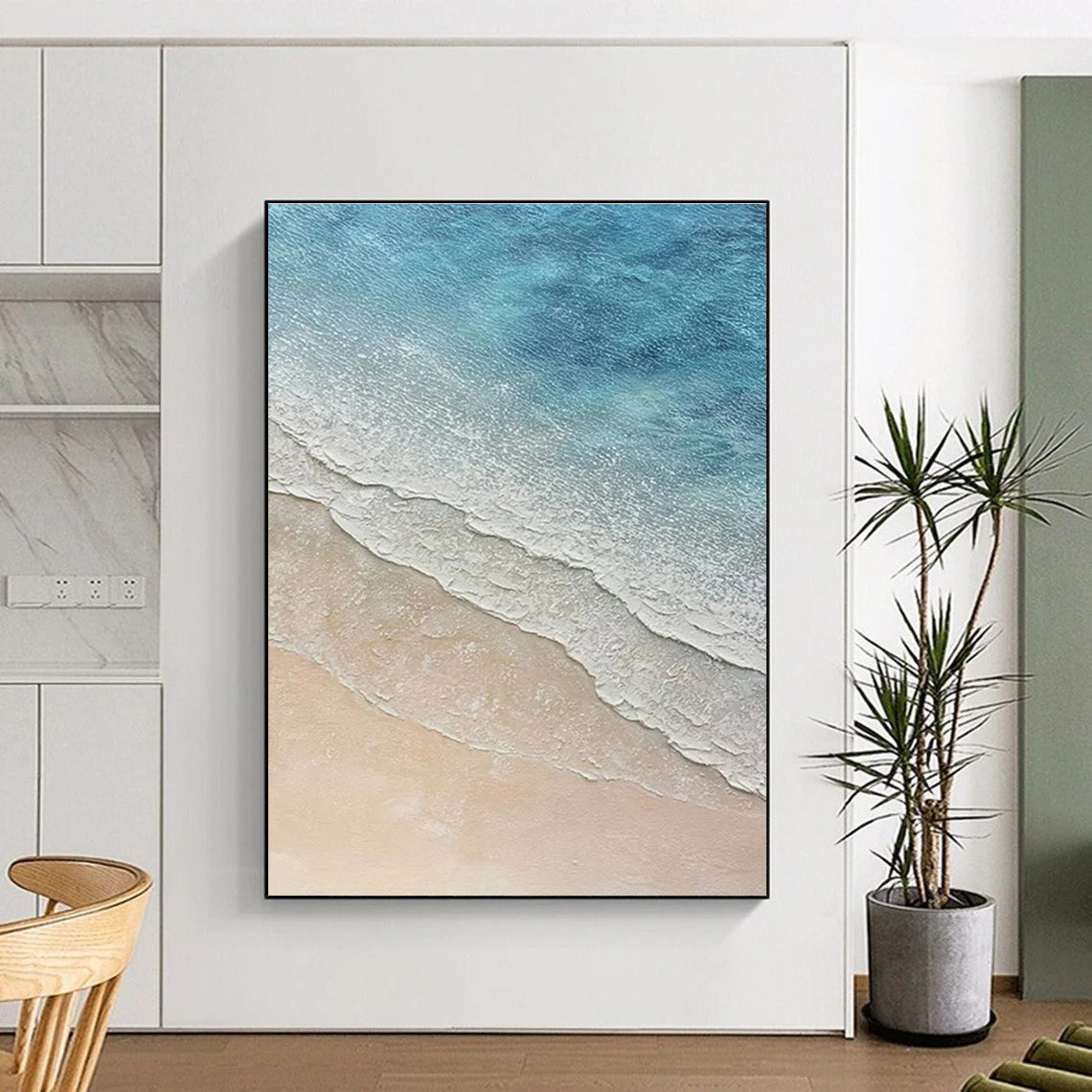 Blue and Beige Beach Wave Abstract Painting with Textured Layers ADGE314