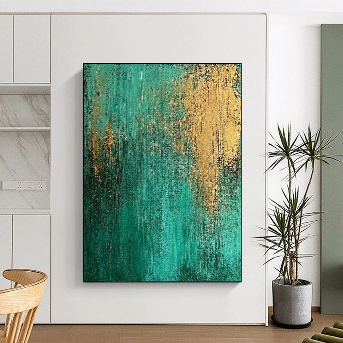 Green Gold Abstract Painting with Textured Surfaces GER708