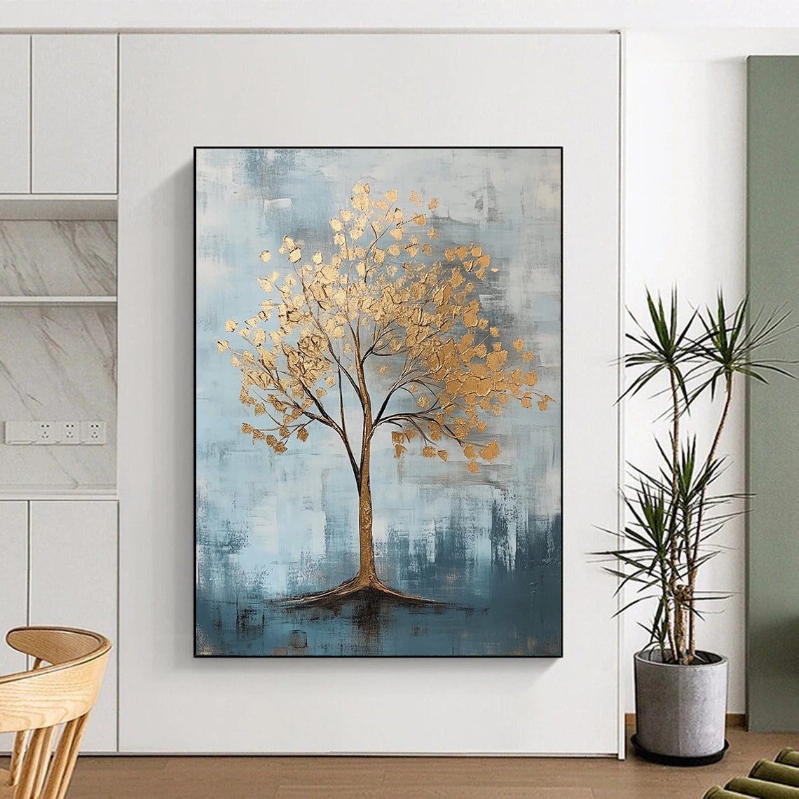 Abstract artwork featuring gold leaf accents against a cool gray and light blue backdrop with textured brush strokes.STSC838