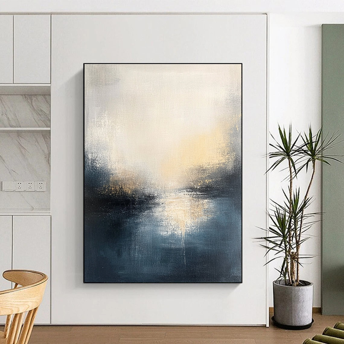 Large abstract oil painting featuring a misty gray and dark blue seascape with light yellow sun rays illuminating the horizon.STSC169