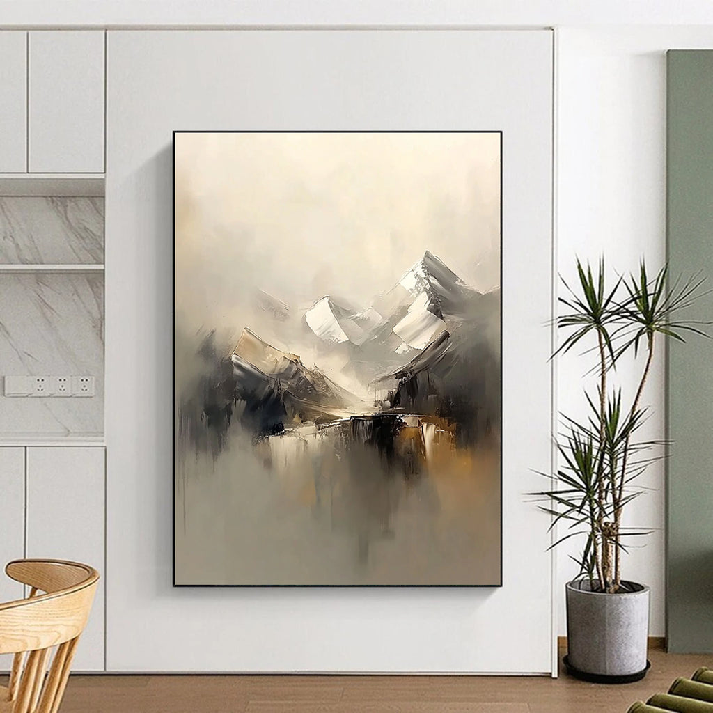 Abstract painting of snowy mountains in a foggy beige and grey palette featuring soft brush strokes for a serene atmosphere.STSC699