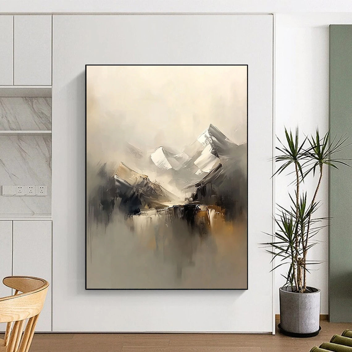 Abstract painting of snowy mountains in a foggy beige and grey palette featuring soft brush strokes for a serene atmosphere.STSC699