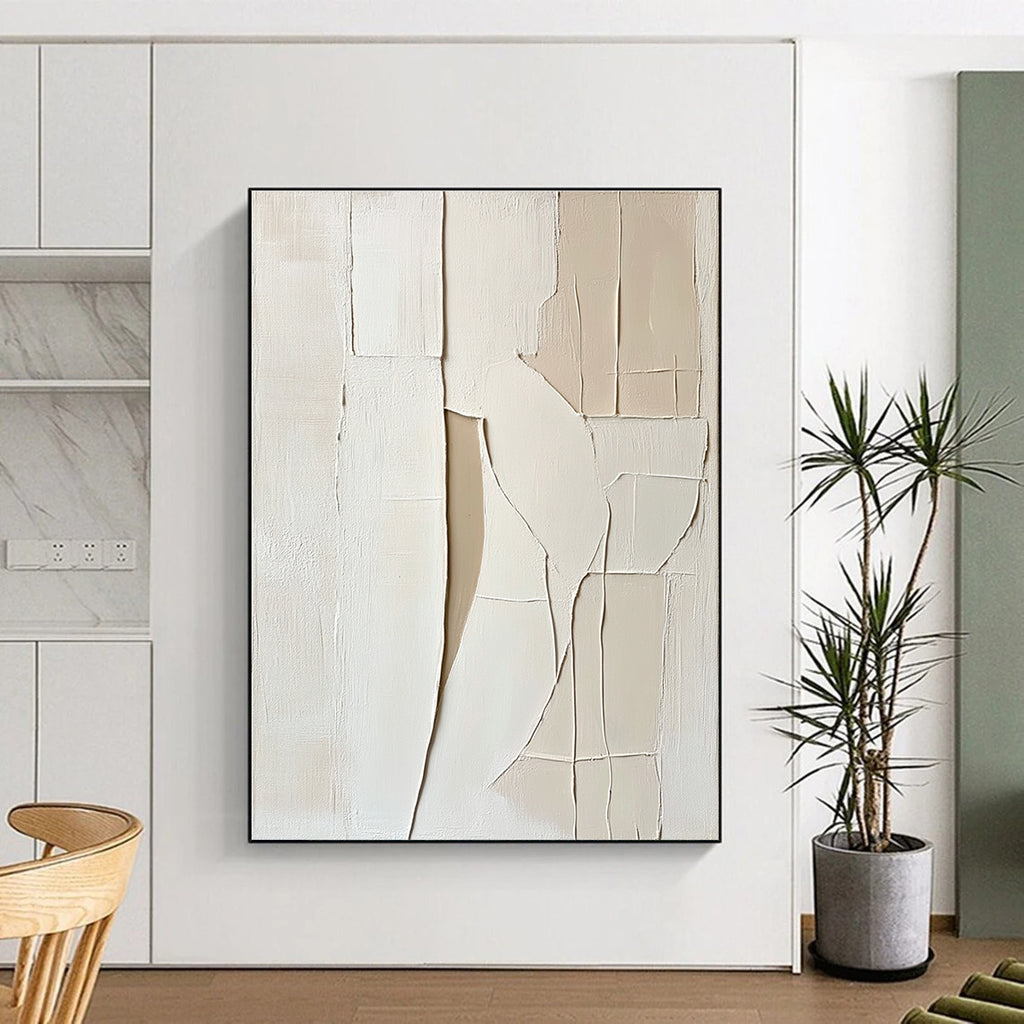 Large abstract painting featuring a woman's body with soft lines simple shapes and thick impasto texture in white and beige tones.STSC1467