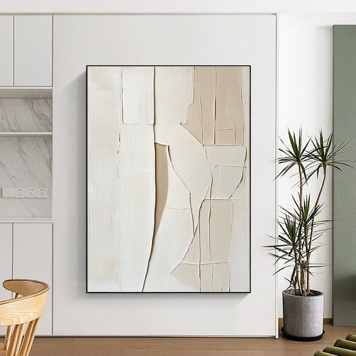 Large abstract painting featuring a woman's body with soft lines simple shapes and thick impasto texture in white and beige tones.STSC1467