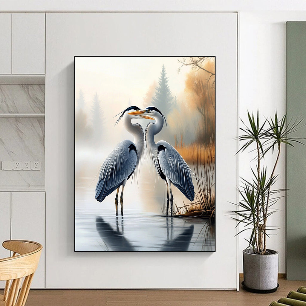 A large abstract painting featuring two herons on water's edge with a misty forest background showcasing realistic detail and serene beauty.STSC1451